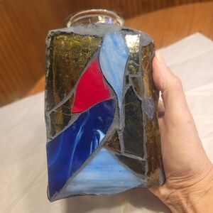 Mosaic Stained Glass Abstract Bottle Vase Artisan Triangle 7" x 4" Signed
